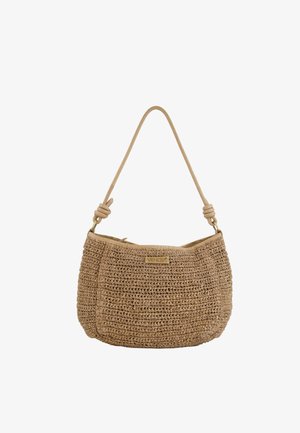 Braune gewebte Schultertasche mit geknoteten Trägerenden und einem kleinen rechteckigen Logoschild mit der Aufschrift „Venezia“ auf der Vorderseite.