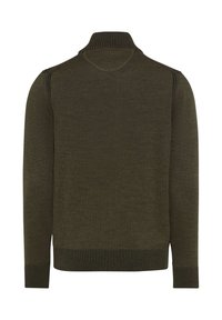 Dunkelgrüner Langarmpullover mit geripptem Kragen, Bündchen und Saum, von hinten auf einem weißen Hintergrund gezeigt.