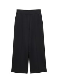 Pantalon noir à jambes larges avec une taille élastique, fabriqué en tissu doux, présentant des détails de couture à l'avant et une texture lisse.