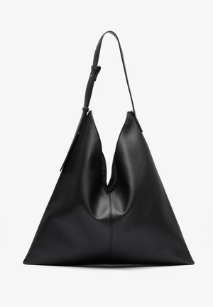 Black leather triangular handbag with a single adjustable shoulder strap and a soft, slightly slouched structure.