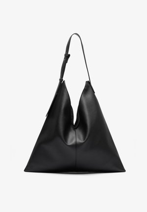 Schwarze Leder-Taschen mit dreieckiger Form, einem verstellbaren Schultergurt und einer weichen, leicht durchhängenden Struktur.
