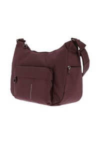 Sac à épaule texturé bordeaux avec bandoulière réglable, poche zippée à l'avant, zip sur le côté et logo "Mandarina Duck" sur la poche avant.