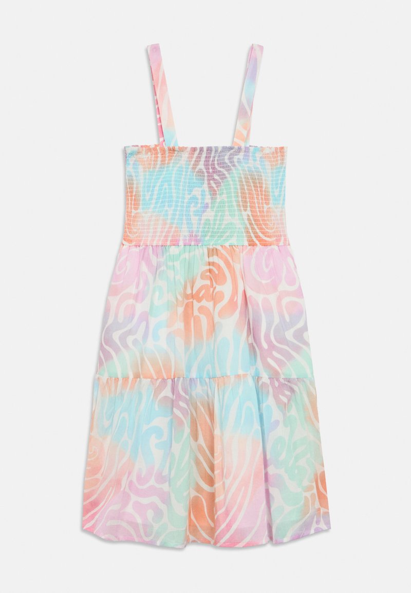 Έγχρωμο καλοκαιρινό φόρεμα με παστέλ αποχρώσεις σε μπλε, ροζ και πορτοκαλί. Διαθέτει σφιχτή κορσέ περιοχή, λεπτές τιράντες και σχεδιασμό φούστας με πολλαπλές στρώσεις.