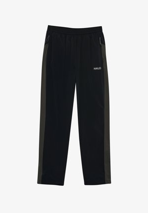 Sorte træningsbukser med mørkegrå sidepaneler, elastisk talje, lynlåslommer og "HALO"-logo på højre lår.