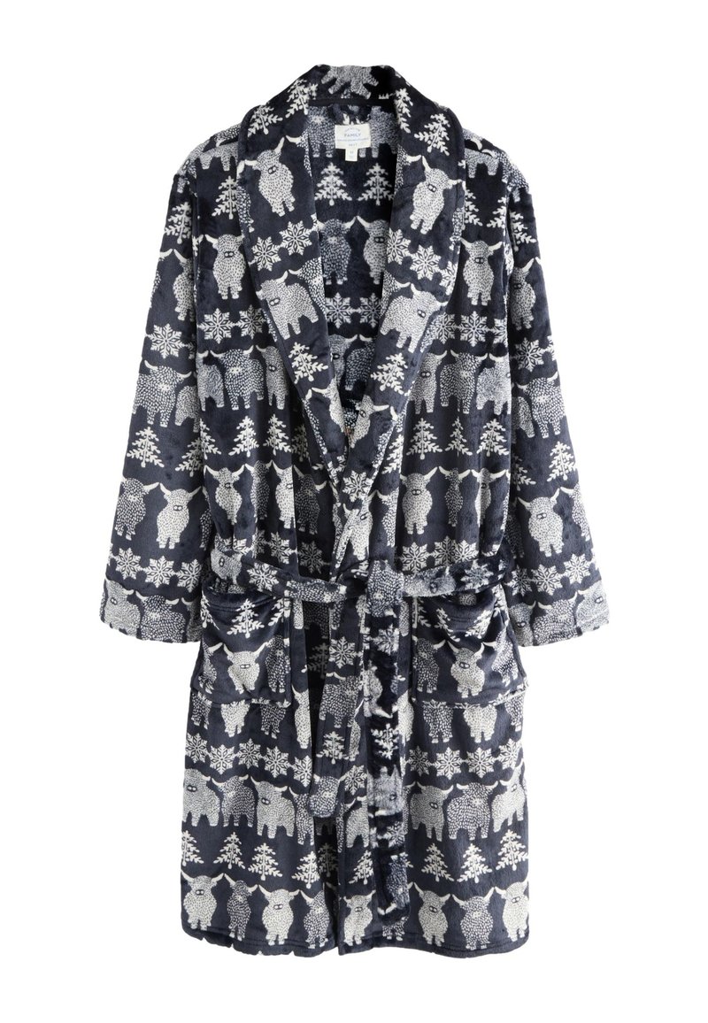 Granatowy szlafrok z polaru z białym wzorem zwierząt i płatków śniegu, z długimi rękawami, paskiem do wiązania oraz dwoma przednimi kieszeniami.