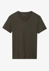 Mørk olivengrøn V-hals t-shirt lavet af blødt, struktureret bomuld. Korte ærmer og en afslappet pasform uden synlige mønstre eller accenter.