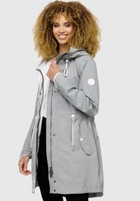 Light gray waterproof parka with a hood, drawstring waist, front pockets, and white accents. Features a zipper and snap closures.