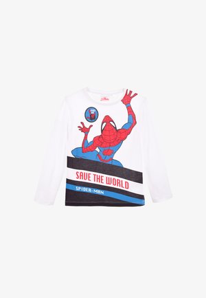 Camiseta blanca de manga larga con un gráfico de Spider-Man en rojo y azul. El texto dice "SALVA EL MUNDO" con un diseño de rayas negras y azules en la parte inferior.