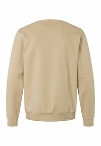 Hanorac bej, dintr-un amestec moale de bumbac, cu guler rotund, mâneci lungi, mansete și tiv cu model în relief, textură netedă, design simplu, fără logo-uri sau modele vizibile.