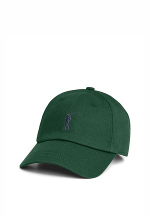Casquette de baseball vert foncé avec visière courbée et petit logo de golfeur brodé sur le panneau avant.