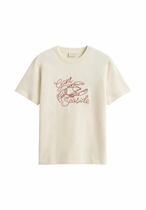 Cremefarbenes kurzärmeliges Baumwoll-T-Shirt mit roter Linienzeichnung eines Hummers und kursivem Text "Gant Seaside" auf der Vorderseite.