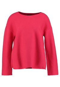 Różowy sweter wykonany z teksturowanej tkaniny, z okrągłym dekoltem i opadającymi ramionami. Projekt zawiera boczne rozporki oraz mały detal z logo.