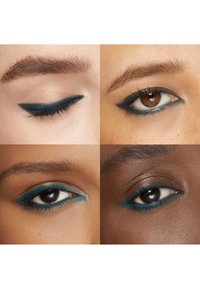 Neljä lähikuvassa olevaa silmää, joissa on rohkea teal-värinen silmänrajaus. Eri ihonsävyt ja silmänmuodot, joissa on selkeät ripset ja pehmeästi häivytetyt reunat.