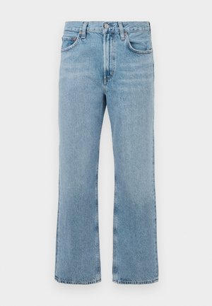 Light blue denim jeans with a straight leg design, high waist, visible stitching, and a slight fade pattern. No embellishments or hardware.