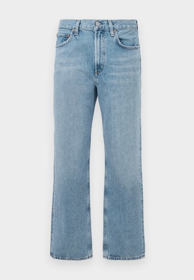 Light blue denim jeans with a straight leg design, high waist, visible stitching, and a slight fade pattern. No embellishments or hardware.