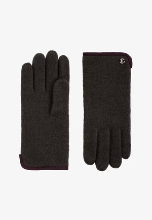 Dunkelgraue gestrickte Handschuhe mit verlängerten Bündchen, die einen kontrastierenden bordeauxroten Besatz und ein kleines Metalllogo aufweisen.