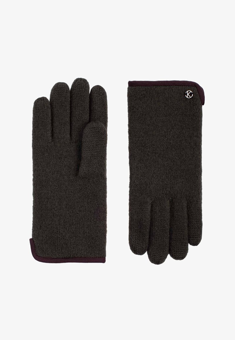 Guanti lavorati a maglia di un grigio scuro con polsini allungati, caratterizzati da un bordo in contrasto color burgundy e un piccolo accento con logo metallico.