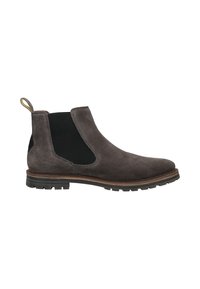 Graue Wildleder-Chelsea-Stiefel mit schwarzen elastischen Seitenteilen, einem goldenen Zugschlaufen am Absatz und einer langlebigen Gummisohle. Klassische Silhouette.