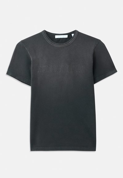 Black cotton t-shirt with short sleeves, featuring a ribbed crew neckline and embossed "HELMUT LANG" logo on the front. Smooth texture.