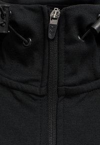 Black zippered hoodie detail, featuring a smooth fabric texture, sturdy zipper, drawstring, and reinforced stitching.