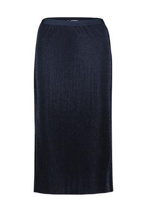 Marineblauwe rok tot de knie, gemaakt van een gestructureerde stof met verticale plooien en een elastische tailleband voor comfort.