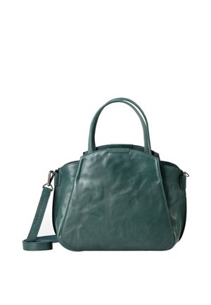 Dunkelgrüne Leder-Handtasche mit zwei Griffen und einem abnehmbaren Schulterriemen auf weißem Hintergrund.