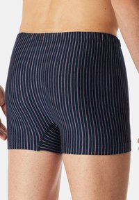 Námořnické pruhované boxerky s jemným elastickým pasem, malým otvorem vpředu a úzce rozmístěnými vertikálními pruhy v světle růžové barvě.