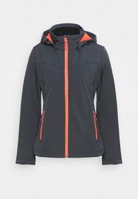 Ciemnoszara kurtka z regulowanym kapturem, z jasnopomarańczowymi zamkami i akcentami. Wykonana z miękkiego, gładkiego materiału, posiada boczne kieszenie.