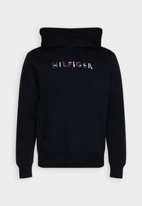 Felpa nera con cappuccio e tasca a marsupio, con il logo "HILFIGER" in lettere multicolori. Realizzata in morbido materiale con polsini a coste.