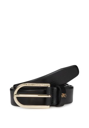 Ceinture en cuir noir avec une boucle à double D en ton or. Texture lisse et design classique avec des détails de coutures et un accent de logo.