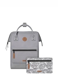 Gray backpack with a textured finish, featuring a front zip pocket and a leather logo. Includes a detachable pouch with a leaf pattern.