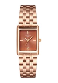 Reloj rectangular de oro rosa con una esfera marrón estriada, marcadores de hora dorados y una pulsera de eslabones. Presenta una pequeña corona en el lateral.