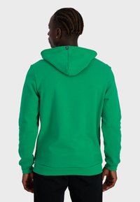 Felpa verde con cappuccio, caratterizzata da una texture uniforme, con cappuccio e maniche lunghe. Presenta un orlo dritto e polsini a costine.