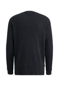 Dunkelblaues langärmliges Shirt aus geripptem Stoff. Hat einen runden Ausschnitt und ein kleines Logo-Detail nahe der oberen Rückseite.
