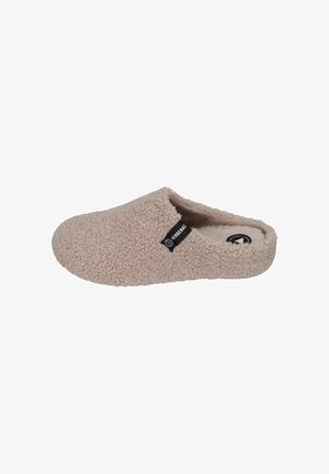 Light pink, fuzzy slip-on slipper with a textured surface and soft lining. Features a snug fit and a logo tag on the side.