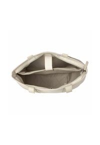 Borsa tote beige con apertura superiore, dotata di due scomparti interni e rivestimento in tessuto. Esterno liscio con manici corti.