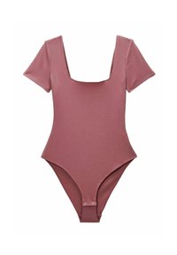 Maillot de bain à manches courtes côtelé, en rose poussiéreux, avec un décolleté carré et des ouvertures de jambe hautes. Il est doté d'une fermeture pression au niveau du bas.