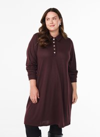 Bordeauxrotes Polokleid mit langen Ärmeln, Knopfleiste, gerippten Bündchen, legerer Passform und glatter Textur, das bis zur Mitte des Oberschenkels reicht.