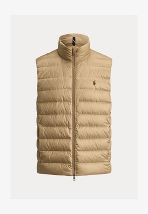 Beige gesteppte ärmellose Steppweste mit Frontreißverschluss und hohem Kragen, mit kleinem besticktem dunklem Logo auf der Brust.