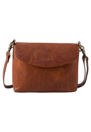 Sac bandoulière en cuir marron avec fermeture à rabat, fermoirs métalliques et bandoulière réglable, avec ""Holzrichter Berlin"" embossé sur le devant.