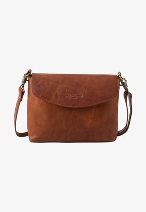 Sac bandoulière en cuir marron avec fermeture à rabat, fermoirs métalliques et bandoulière réglable, avec ""Holzrichter Berlin"" embossé sur le devant.