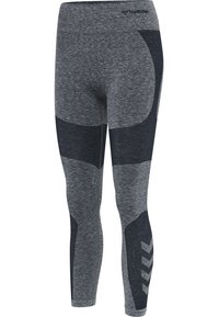 Grå idrottsleggings med en mix av melerat och enhetligt mörka paneler, med ett strukturerat mönster och chevron-accenter på sidan.