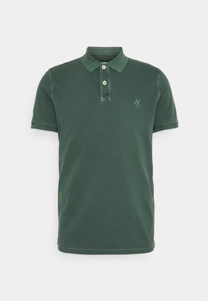 Donkergroen katoenen poloshirt met een kraag, een knopenlijst met twee knopen, korte mouwen en een geborduurd logo op de borst.