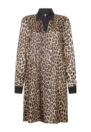 Leopardprint jurk met lange mouwen, een zwarte kraag en een V-hals. Gladde textuur met donkerbruine en beige tinten.