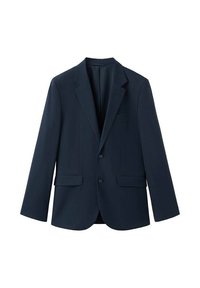 Blazer blu navy realizzato in tessuto morbido, con rever a punta, chiusura a due bottoni e due tasche frontali. Vestibilità su misura e design strutturato.
