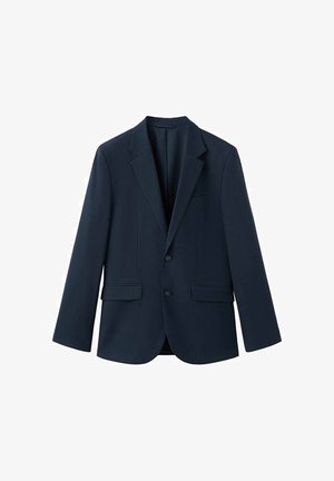 Navy blazer made of smooth fabric, featuring notched lapels, two-button closure, and two front pockets. Tailored fit and structured design.