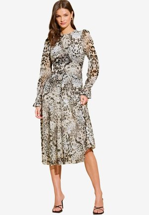 Lipsy LONG SLEEVE GATHERED WAIST SPOT MIDI REGULAR - Denné šaty - black white animal