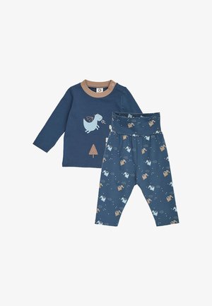 Marineblauw babyoutfit met een longsleeve top met een draak- en boom ontwerp, gecombineerd met bijpassende broek met kleine drakendruk.