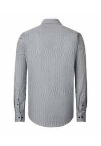 Herenoverhemd met lange mouwen en geometrisch patroon in blauw en beige tinten, van achteren weergegeven op een witte achtergrond.