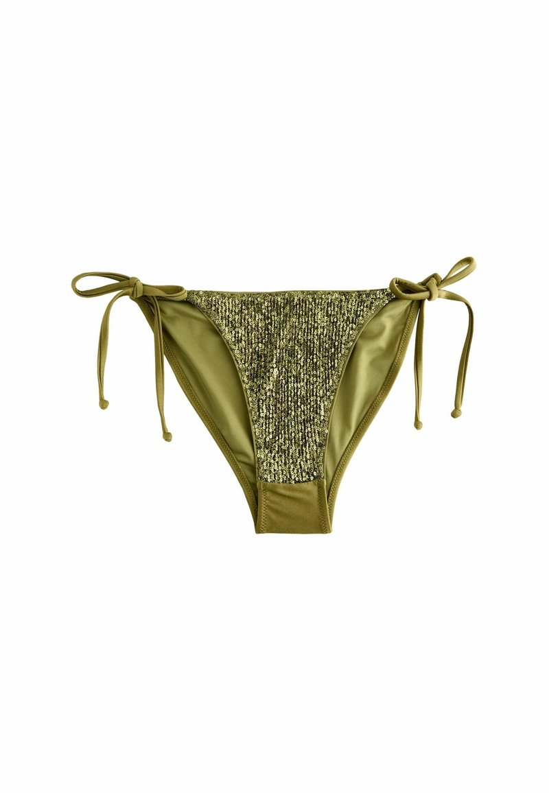 Slip bikini in verde oliva con pannello anteriore in paillettes testurizzate, con laccetti laterali regolabili e tessuto morbido in uno stile a copertura media.